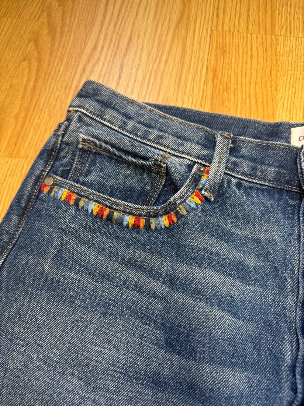 DRIFTWOOD Blue Denim High-Rise Jeans with Multicolor Embroidered Bird - Picture 4 of 8